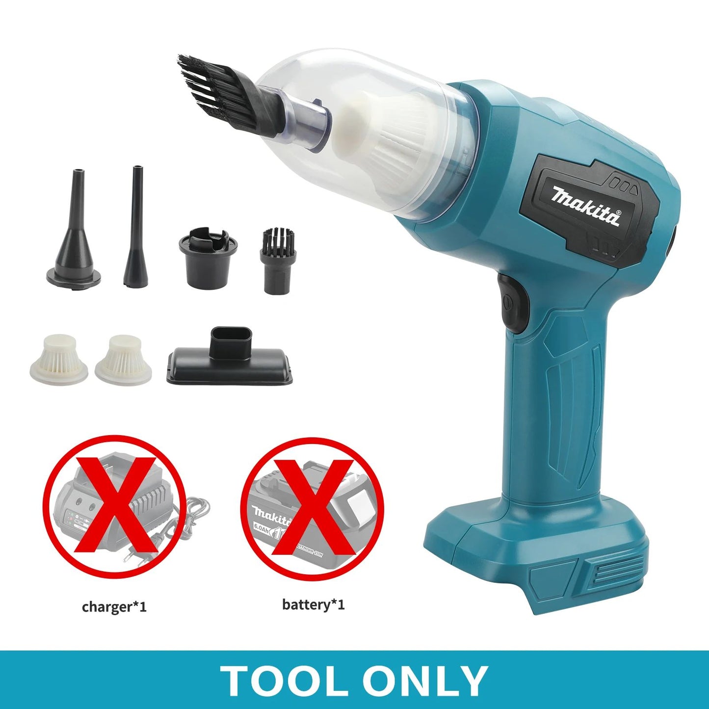 Aspirador de Pó Sem Fio Makita 18V: 200W, 10000Pa, Capacidade de 180ML, 7 Bicos, Para Tarefas Eficientes de Limpeza de Carros e Ambientes de Trabalho