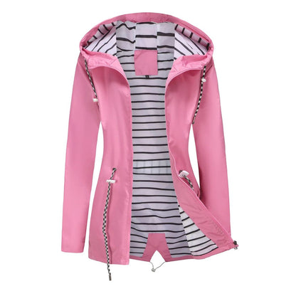 Blue Waterproof Hooded Jacket Women Fashion Casual Coat Waist Drawstring Tie Zipper Switch Red Green Yellow Black Windbreaker