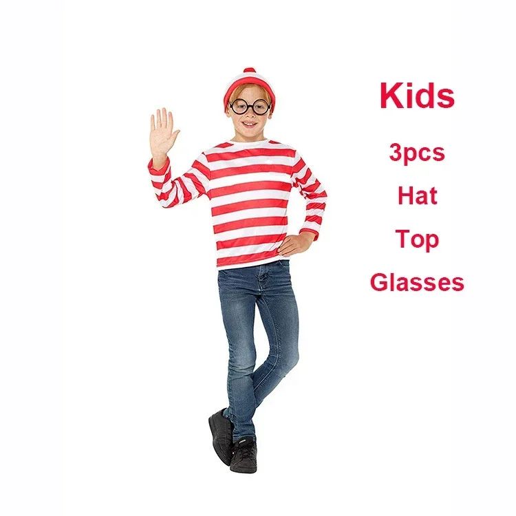 Wheres Waldo Striped Shirt Youth Boys Wally Costume Shirt Glasses and Hat Socks Unisex Adults Carnival Cosplay Costume