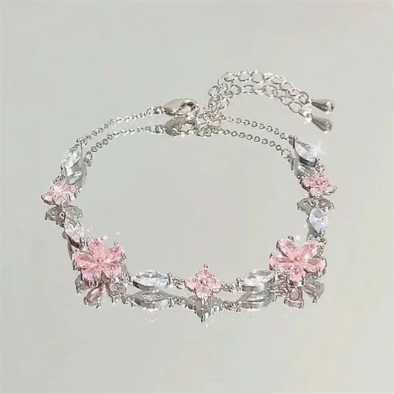 Pulseiras de Cerejeira de Cristal Rosa Brilhante para Mulheres Meninas Doce Lua Laço Flores Zircônia Pulseira Festa Joias Estéticas