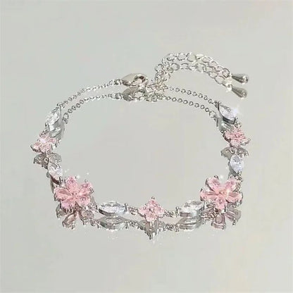 Pulseiras de Cerejeira de Cristal Rosa Brilhante para Mulheres Meninas Doce Lua Laço Flores Zircônia Pulseira Festa Joias Estéticas