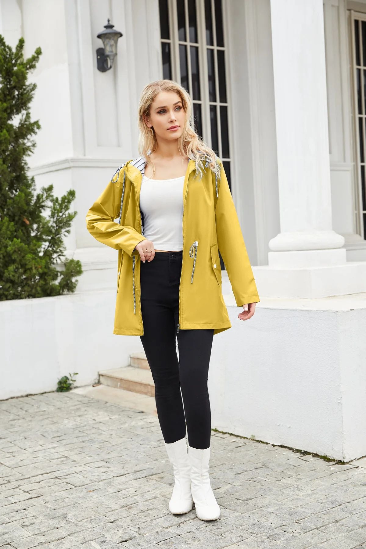 Blue Waterproof Hooded Jacket Women Fashion Casual Coat Waist Drawstring Tie Zipper Switch Red Green Yellow Black Windbreaker