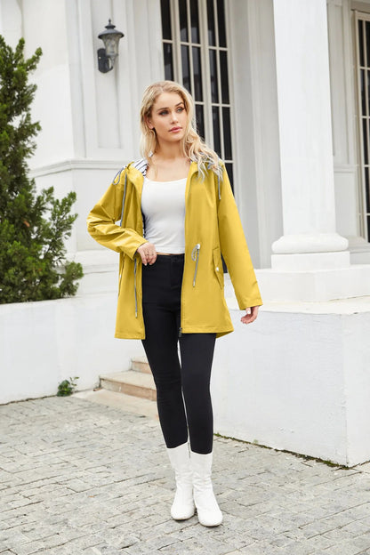 Blue Waterproof Hooded Jacket Women Fashion Casual Coat Waist Drawstring Tie Zipper Switch Red Green Yellow Black Windbreaker