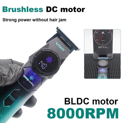 VGR V-946 Professional Ice Tech Hair Trimmer DLC Blade 0 Gap 8000RPM Brushless Blue Ceramic For Men Beard Trimming Grooming