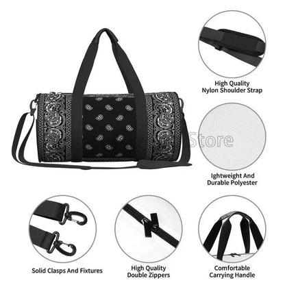 Colorful Paisley Black Bandanna Border Scarf White Sports Gym Bag Couple Large Capacity Fitness Bag Portable Luggage Handbag