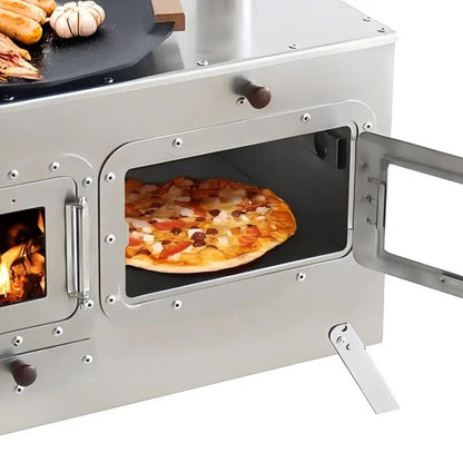 Fogão Multifuncional a Lenha para Acampamento Queimador Externo Portátil com Forno Barraca Fogão Caminhada Piquenique Churrasco Assar Aquecimento Pizza
