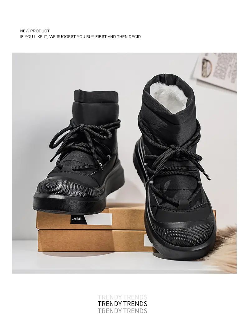 Work Style Snow Boots for Men Women Plus Fleeces Warm Winter Boots High Top Thick Soled Lace Up Black Plush Couple Cotton Shoes