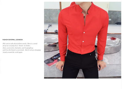 Black Men Long Sleeve Shirt, White Single Breasted Collar Stretch Shirts, Red Fashion Slim Top,Asian Size M-5XL(Korean Slim Fit)
