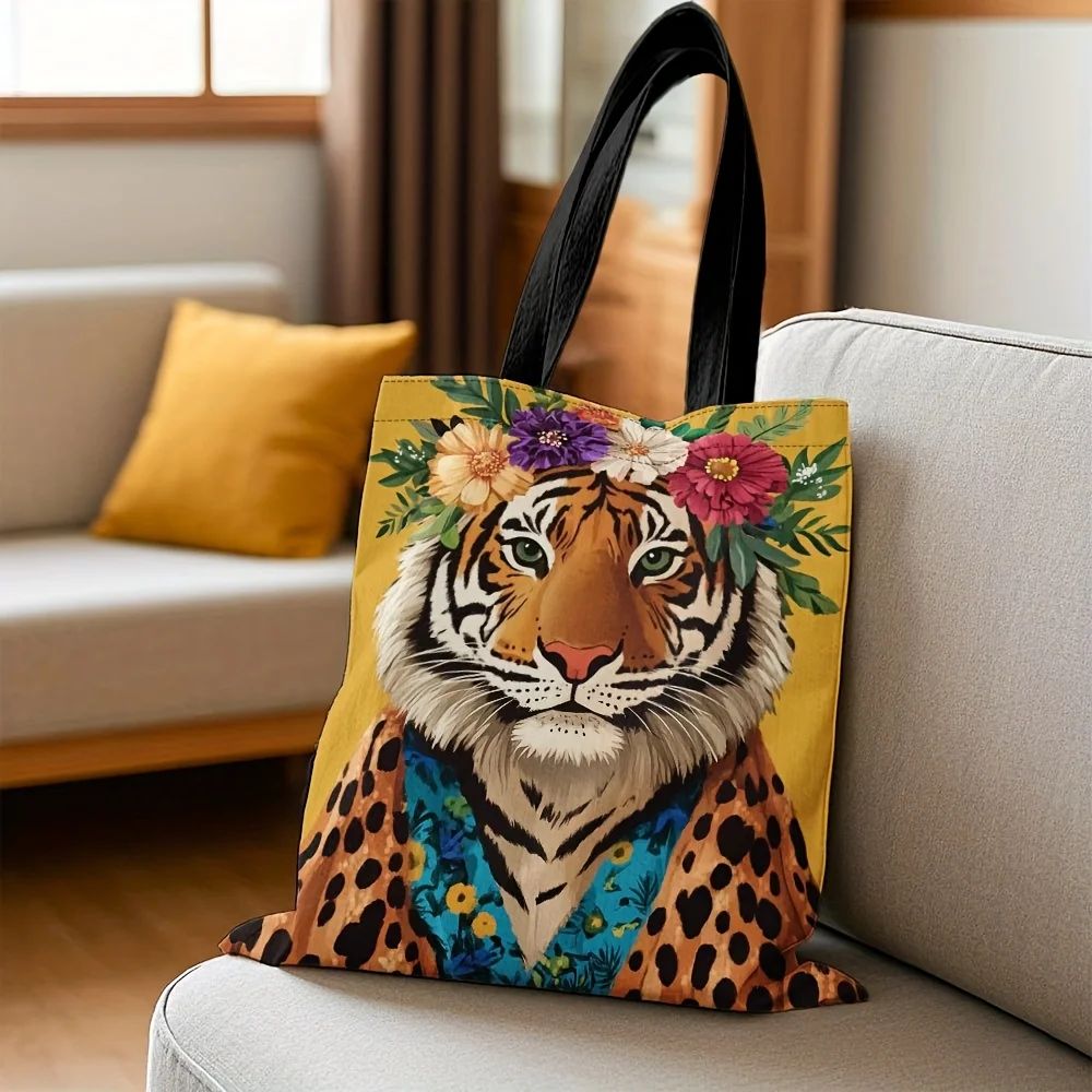 1pc Stylish Tiger & Leopard Print Tote Bag with Vibrant Floral Wreath Design Perfect for Shopping Commuting Gifting on Holidays