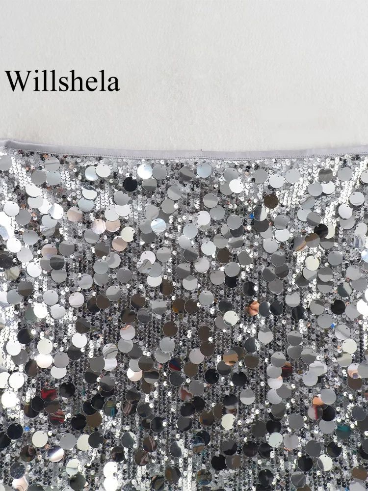 Willshela Women Fashion With Sequined Solid Side Zipper Mini Skirt Vintage High Waist Female Chic Lady Skirts