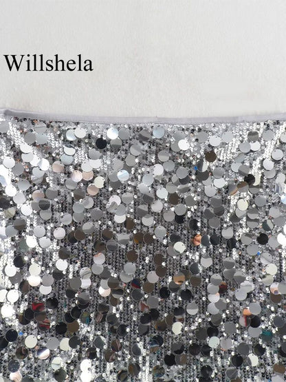 Willshela Women Fashion With Sequined Solid Side Zipper Mini Skirt Vintage High Waist Female Chic Lady Skirts