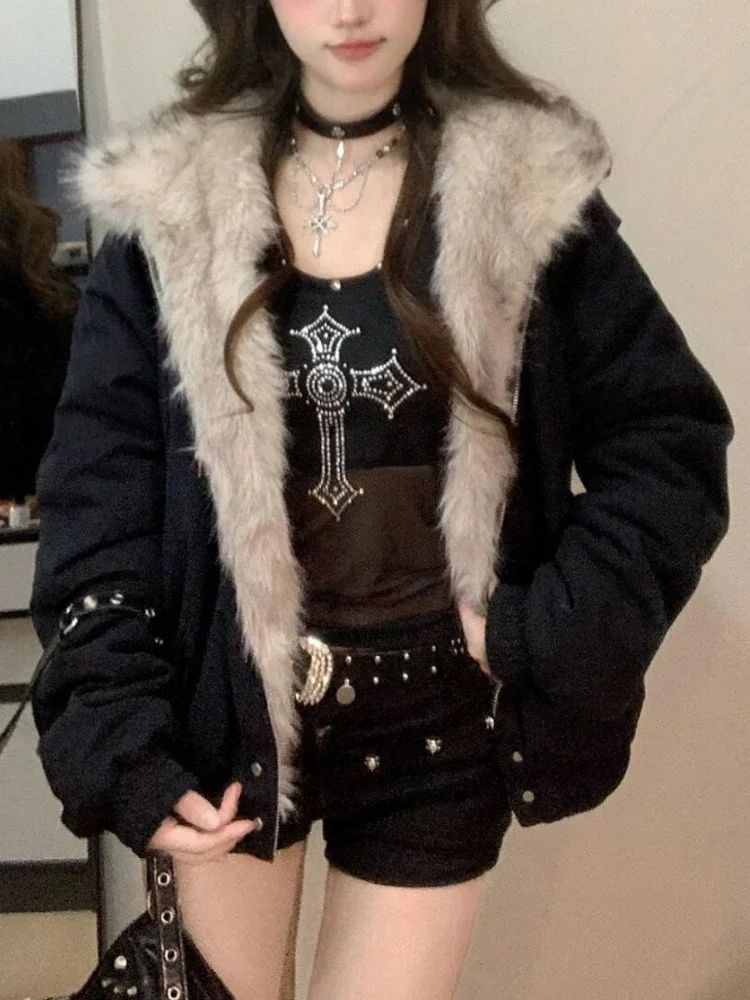 2000s Aesthetic Black Elegant Jacket Woman 2025 Winter Y2k Zip Up Hooded Design Harajuku Coat Female Loose Casual Chic Outfits