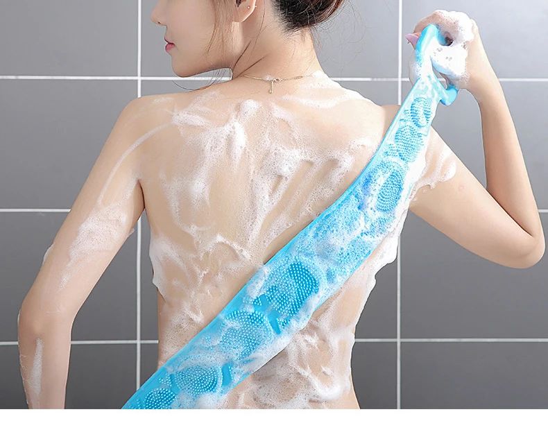 Esponjas corporais de silicone, escovas, toalhas de banho, esfoliantes, esfoliantes para as costas, massagem, cinto de banho, escovas estendidas para limpeza da pele