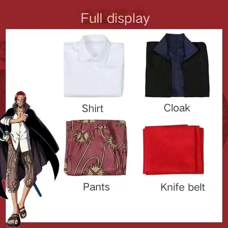 Anime Film Red Shanks Cosplay Costume pour Adultes Hommes,  Anime Tralike Coat, Full Outfit, Halloween Party, Red Hair Pirate