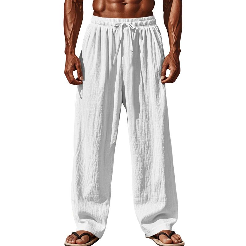 Calça Casual Masculina de Linho com Elástico na Cintura, Calça de Praia Leve com Cordão, Calça de Yoga de Verão Cor Sólida, Calça de Praia
