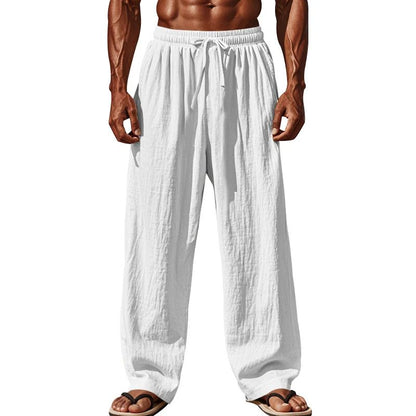 Calça Casual Masculina de Linho com Elástico na Cintura, Calça de Praia Leve com Cordão, Calça de Yoga de Verão Cor Sólida, Calça de Praia