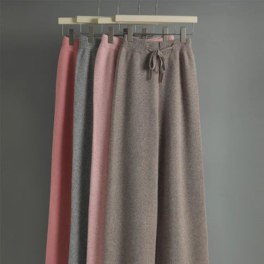 Spring Autumn Women High Waist Wool Wide Leg Pants Solid Soft Warm 100% Merino Wool Knitted Trousers Belt Casual Korean Fashion