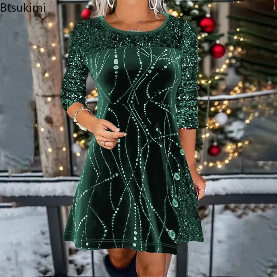 New 2026 Women's Print Casual Christmas Dress Vintage Chic Pattern Mini Dresses Autumn Winter Fashion Sequins Club Party Dress