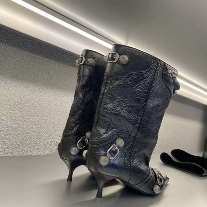 Women's Sexy Stiletto High Heels with Rivet Decoration, Wide Barrel Knee Length Boots, European and American Fashion Show Boots