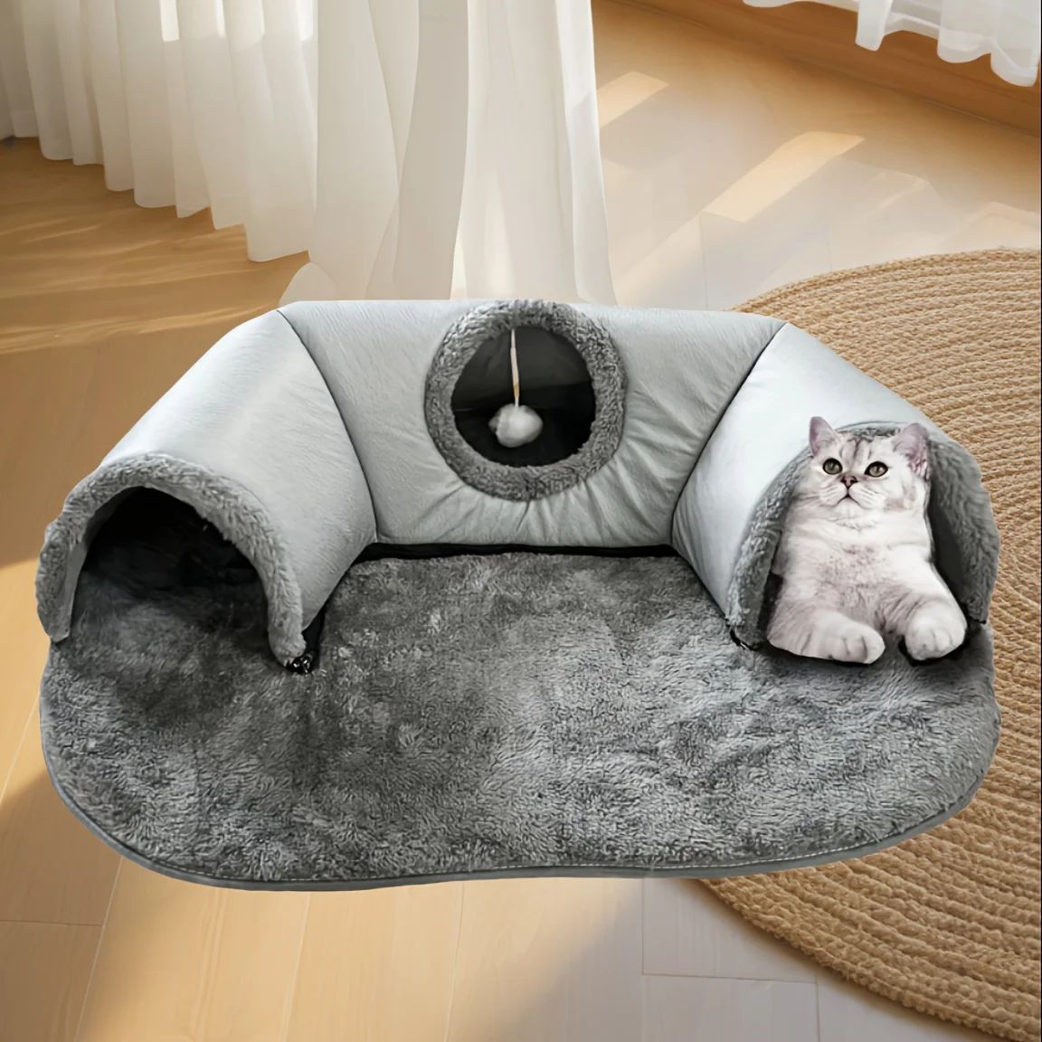 Cama Túnel Aconchegante Winte Winte 3 em 1 para Gatos - Tapete de Brinquedo e Ninho Quente Com Base Antiderrapante Para Gatos Pequenos a Médios, Coelhos e Hamsters