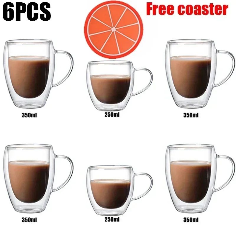 Caneca transparente de parede dupla 2-6 peças Copo de café e leite de vidro borossilicato alto resistente ao calor para casa e escritório