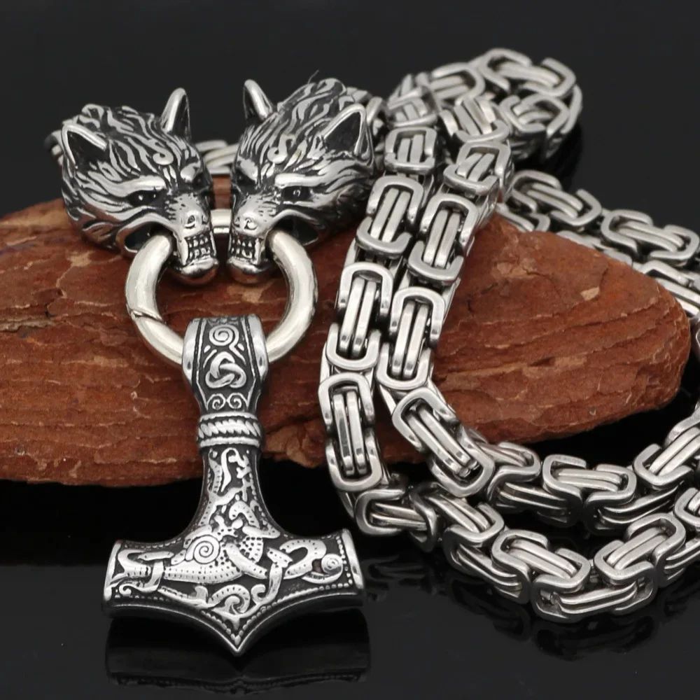Colar Pingente Martelo Viking Nórdico Retrô Elegante e Requintado com Cabeça de Lobo para Presente de Joias Masculinas Personalizadas