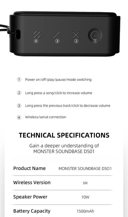 Caixa de Som Portátil Sem Fio Monster DS01 Outdoor BT V6.0 IP67 à Prova d'Água 1500mAh Mini Subwoofer de Alta Fidelidade Acústica Personalizada