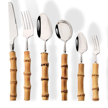 1Pç Conjunto de Talheres de Bambu Natural com Cabo de Aço Inoxidável Utensílios de Mesa Garfos de Jantar Colher Faca Talheres de Cozinha