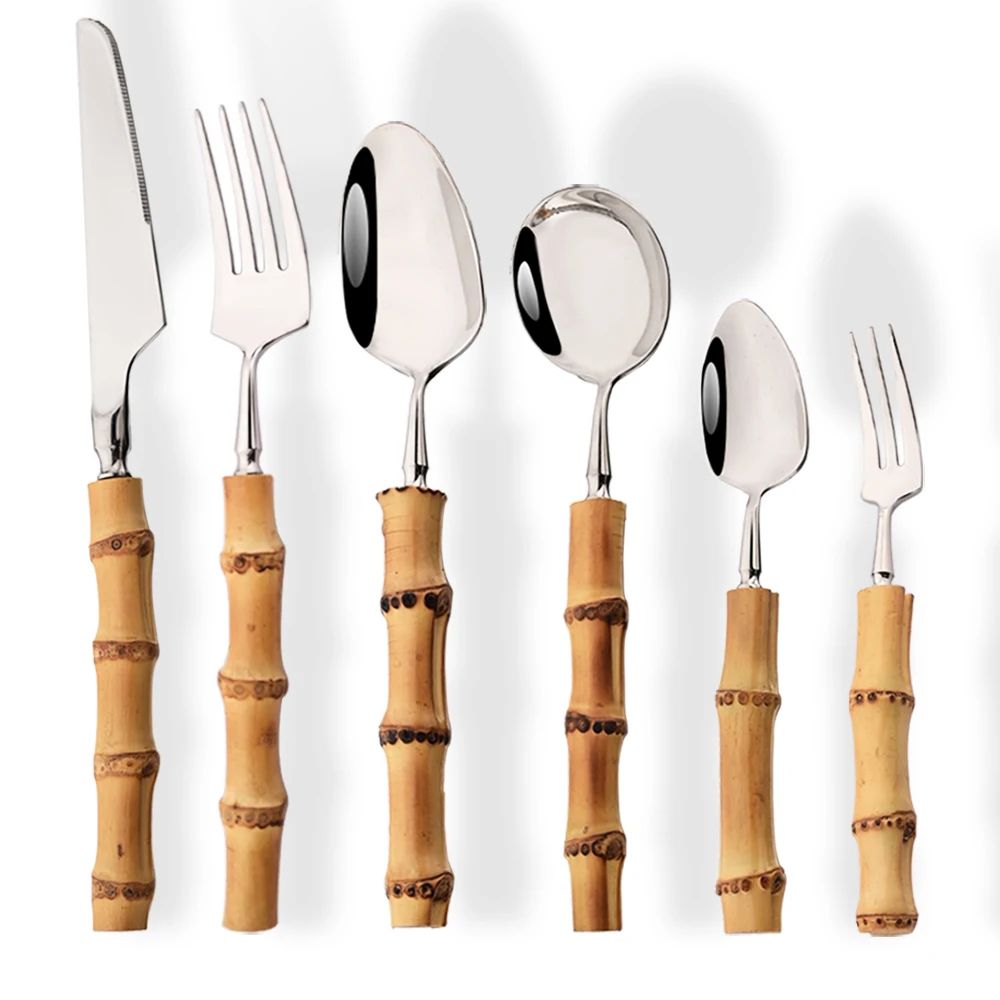 1Pç Conjunto de Talheres de Bambu Natural com Cabo de Aço Inoxidável Utensílios de Mesa Garfos de Jantar Colher Faca Talheres de Cozinha