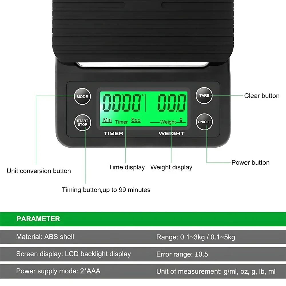 1 peça 3kg 5kg Balança de Café Gotejamento com Timer Balança de Cozinha Digital Eletrônica Portátil Balanças Eletrônicas de Alta Precisão LCD