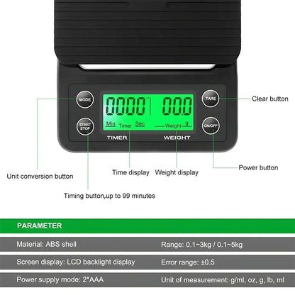 1 peça 3kg 5kg Balança de Café Gotejamento com Timer Balança de Cozinha Digital Eletrônica Portátil Balanças Eletrônicas de Alta Precisão LCD