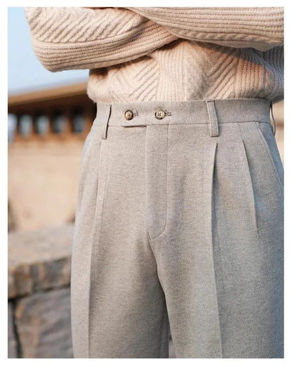 Men's Neapolitan High Waist Autumn Winter Woolen Trousers Straight Leg Drapey No Iron Business Pants Casual Scene