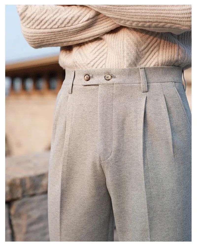 Men's Neapolitan High Waist Autumn Winter Woolen Trousers Straight Leg Drapey No Iron Business Pants Casual Scene