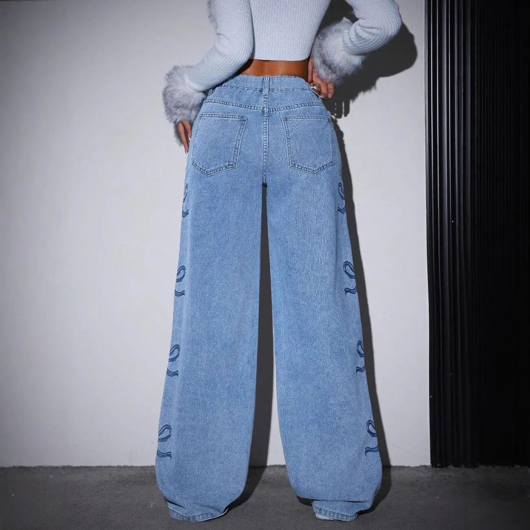 Denim Pants Women Bow Print Jeans High Waist Washed Distressed Straight Trousers Vintage Floor Length Streetwear Wide Leg Pants