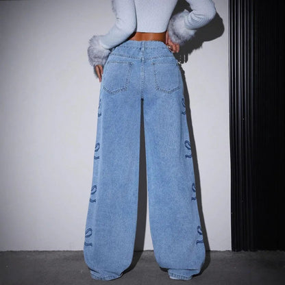 Denim Pants Women Bow Print Jeans High Waist Washed Distressed Straight Trousers Vintage Floor Length Streetwear Wide Leg Pants