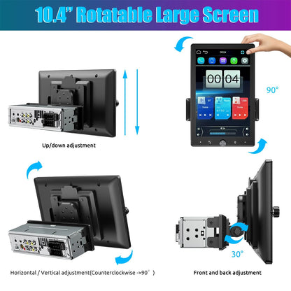 10.4" Wireless Single 1 DIN Rotatable Car Stereo Radio Apple CarPlay & Android Auto Touch Screen USB BT FM AUX-IN SWC+MIC&Camera