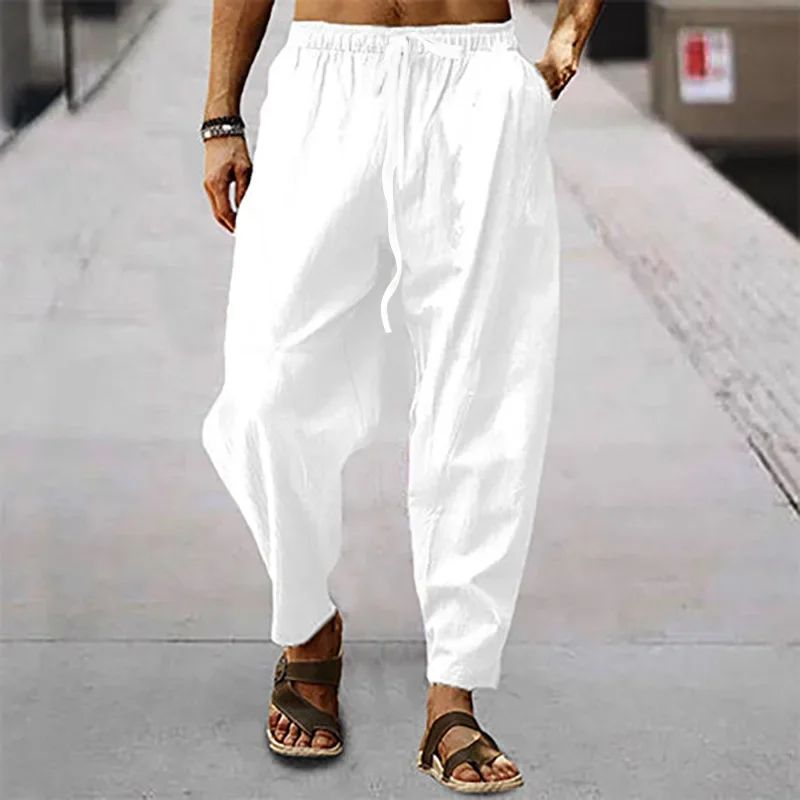 2025 Calça Masculina de Algodão e Linho Verão e Outono Cor Sólida Cintura Alta Perna Larga Calça Masculina Solta Cânhamo Casual Respirável Esportiva
