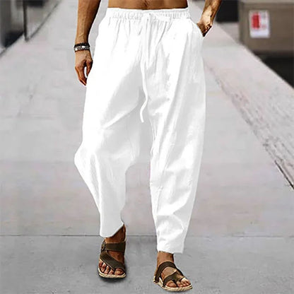 2025 Calça Masculina de Algodão e Linho Verão e Outono Cor Sólida Cintura Alta Perna Larga Calça Masculina Solta Cânhamo Casual Respirável Esportiva