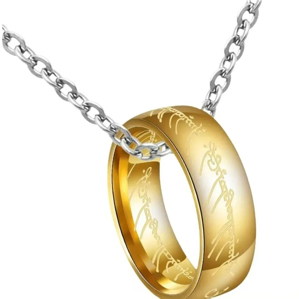 1 peça de Aço Inoxidável Gravado Banhado a Ouro Nova Moda O Anel Pingente Colar Um Colar de Anel para Homens Mulheres Presentes de Festa