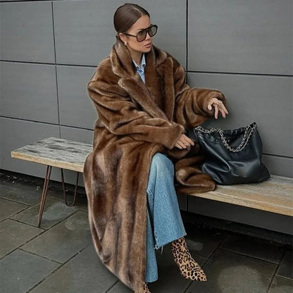 Fashion Mixed Color Lapel Collar Woman Long Coat Elegant Full Sleeve Loose Overcoat New Winter Lady High Street Faux Fur Jacket