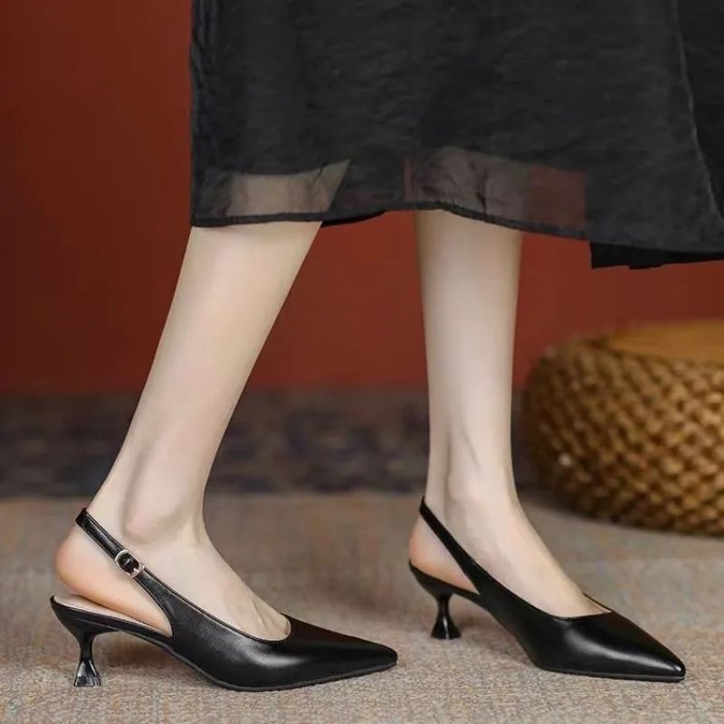 New Women's Sandals Pointed Toe Slingbacks Pumps Wedding Shoes Low Heels Dress Shoes Slip on Black Women Shoes