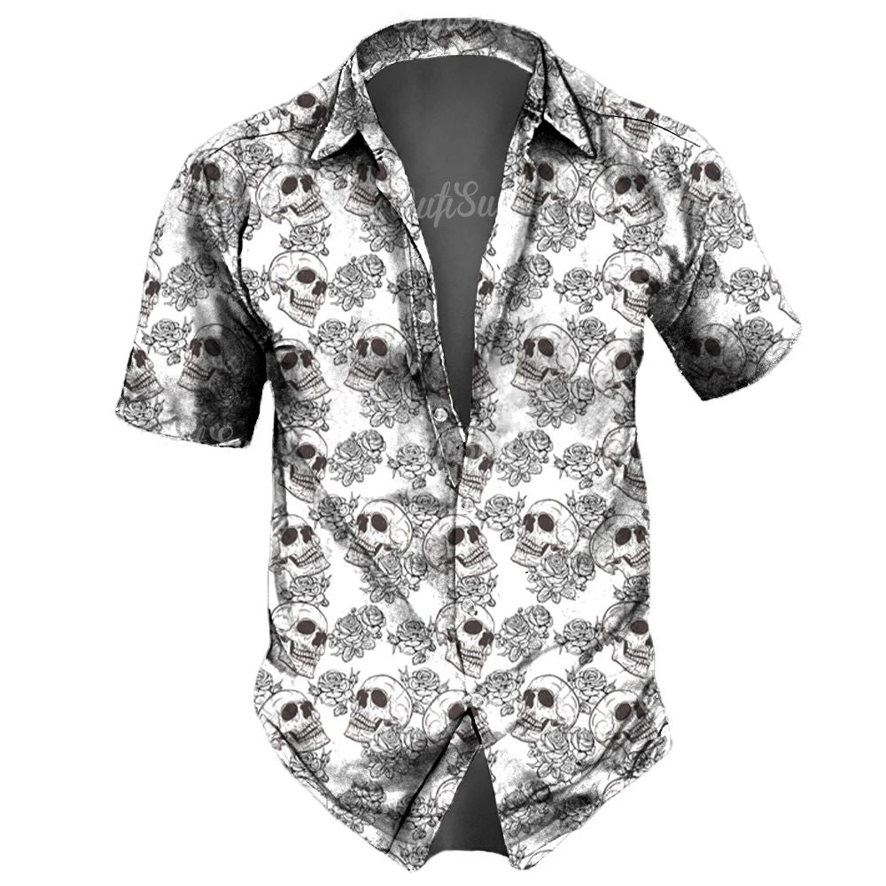 Men's casual Hawaiian lapel 3D horror skull retro printed button short sleeved shirt