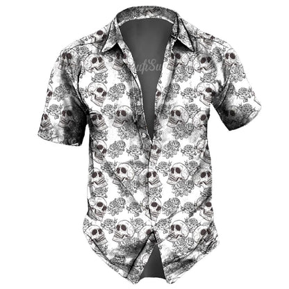 Men's casual Hawaiian lapel 3D horror skull retro printed button short sleeved shirt