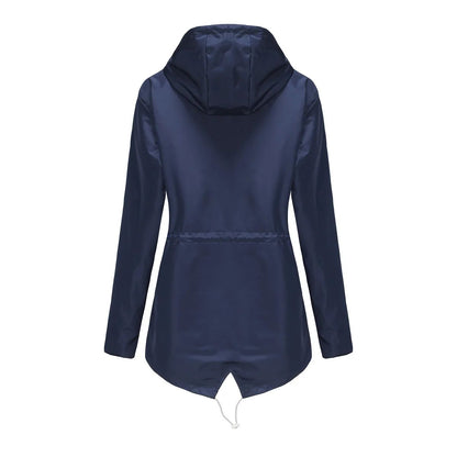 Blue Waterproof Hooded Jacket Women Fashion Casual Coat Waist Drawstring Tie Zipper Switch Red Green Yellow Black Windbreaker