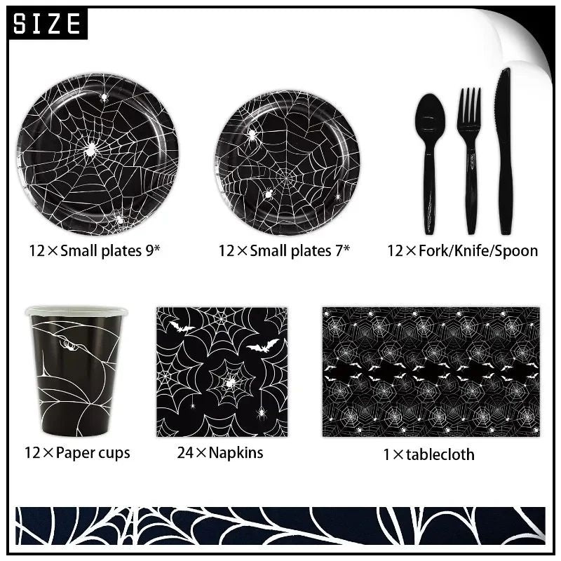Conjunto de Louça de Festa de Halloween Pratos Festivos Guardanapos Toalha de Mesa Louça Descartável para 10/12 Convidados Decoração de Halloween