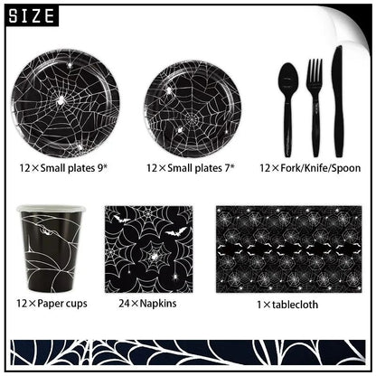 Conjunto de Louça de Festa de Halloween Pratos Festivos Guardanapos Toalha de Mesa Louça Descartável para 10/12 Convidados Decoração de Halloween