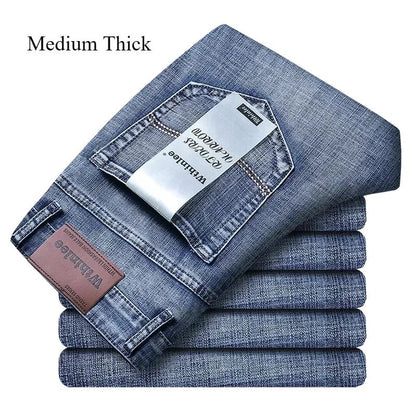 Calça Jeans Masculina Slim Fit 2024 de Material Fino ou Grosso Luxo Estilo Clássico Negócios Jeans Elástico Calças Masculinas Roupas