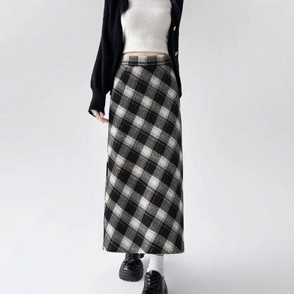 2025 Autumn Vintage Woolen Plaid Skirts Lady Elegant High Waist Slimming A-Line Skirt Women Korean Streetwear Slit Long Skirt