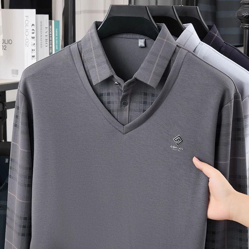 TFETTERS Business Men Polo Shirt 2025 Fashion Casual Slim Long Sleeve T Shirt Men Pullover Printed Plaid Shirts for Man Clothing