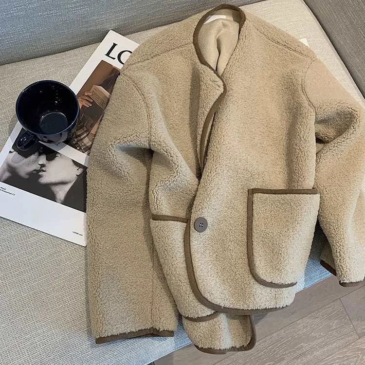 Korean Style Short Lamb Fur Jacket Women's Crew Neck Lazy Style Outerwear Autumn Winter New Arrival Soft Cozy round Neck Top